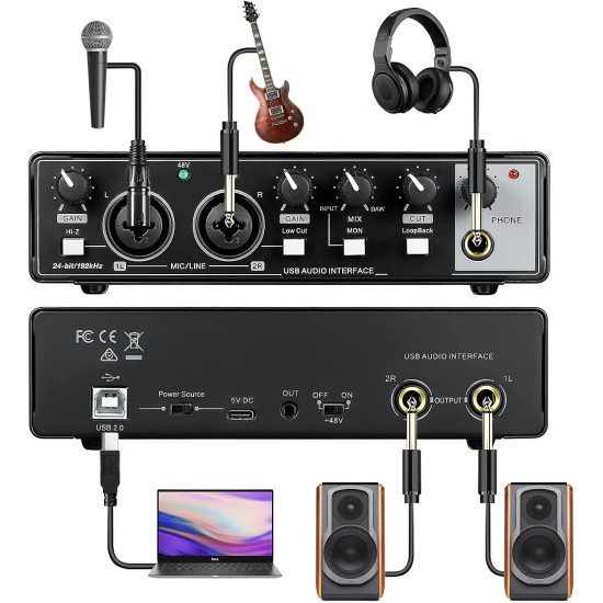 Interface audio USB Interface audio pour studio, multimédia, podcast portable Carte son externe, avec préamplificateur, 48V Phantom Power, connecteur USB-C